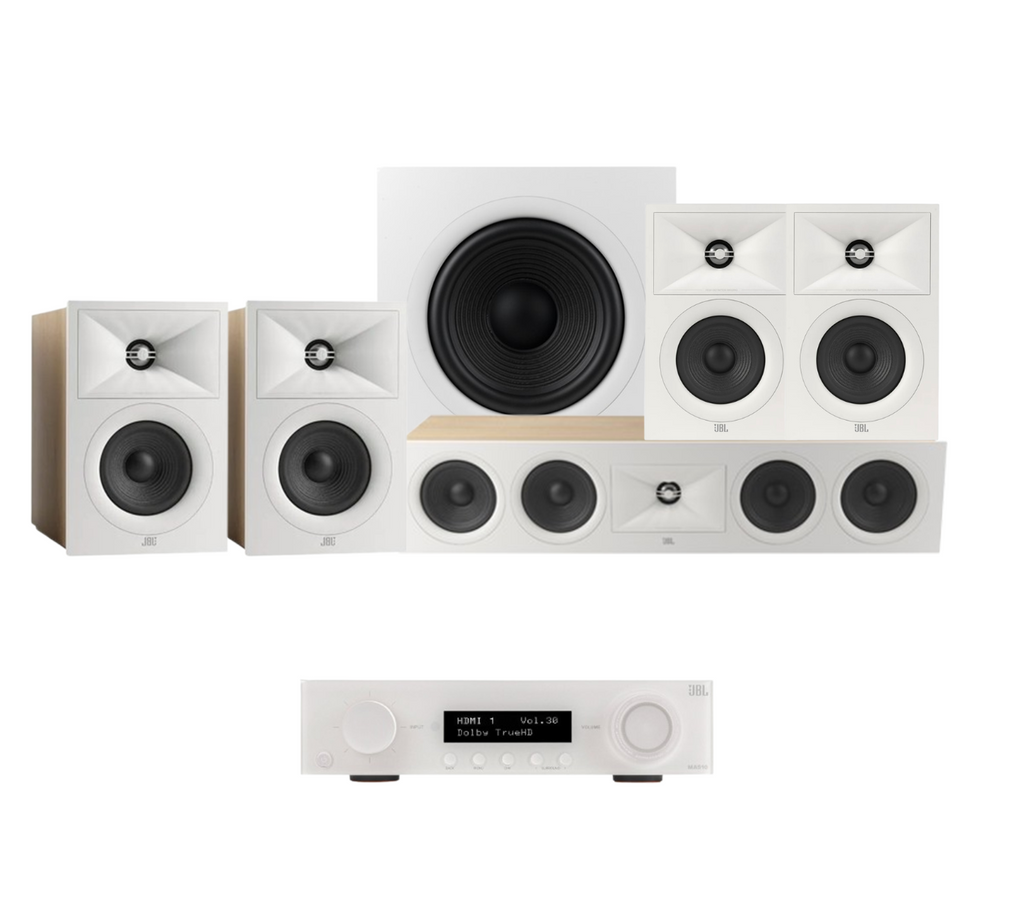 JBL MA510 5.2 8K HDMI 2.1 AV Receiver + JBL Stage 250B 5.1 Speaker Package with 220P 12” Subwoofer