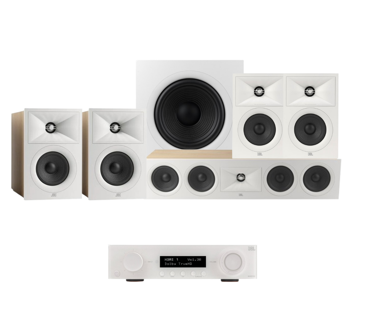 JBL MA510 5.2 8K HDMI 2.1 AV Receiver + JBL Stage 250B 5.1 Speaker Package with 220P 12” Subwoofer