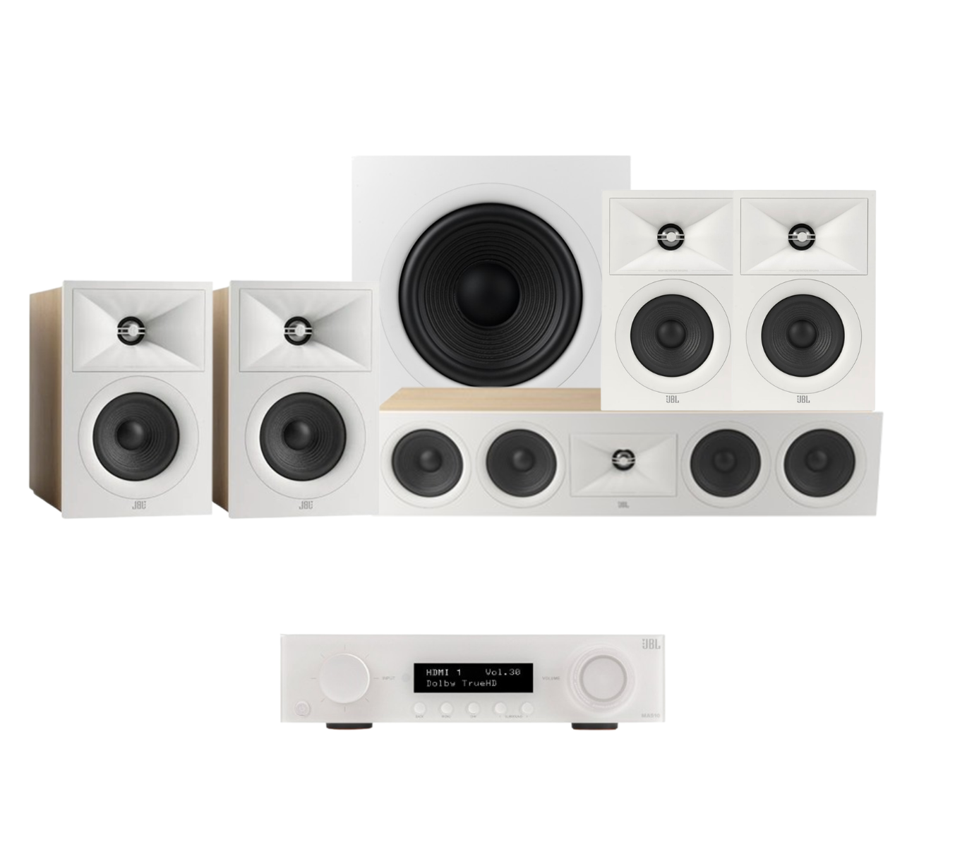 JBL MA510 5.2 8K HDMI 2.1 AV Receiver + JBL Stage 250B 5.1 Speaker Package with 220P 12” Subwoofer