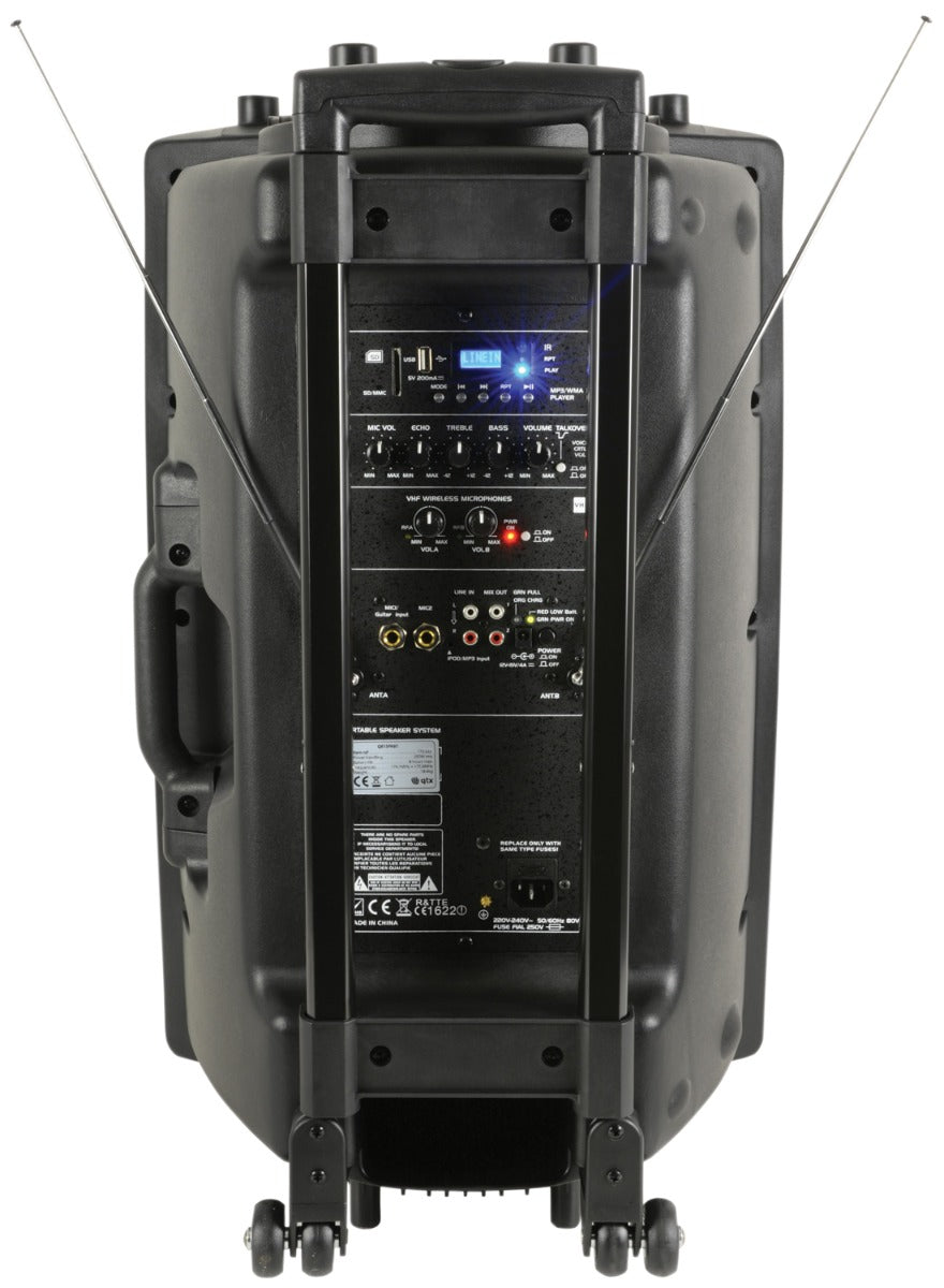 QTX QR15PABT Portable & Rechargeable PA Speaker System with Wireless Microphones & Bluetooth