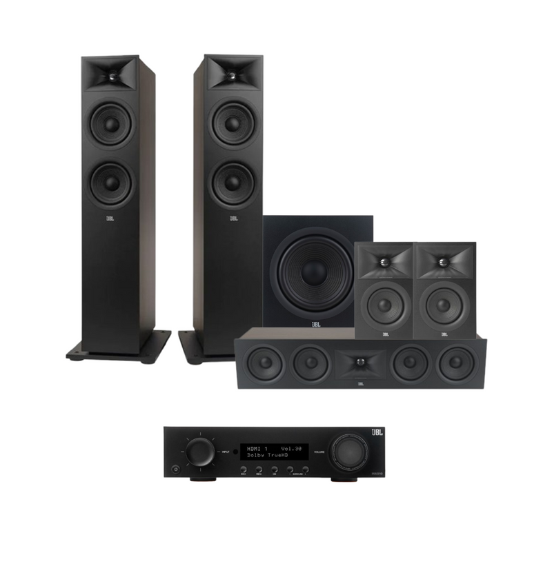 JBL MA510 5.2 8K HDMI 2.1 AV Receiver + JBL Stage 260F 5.1 Speaker Package with 10” Subwoofer