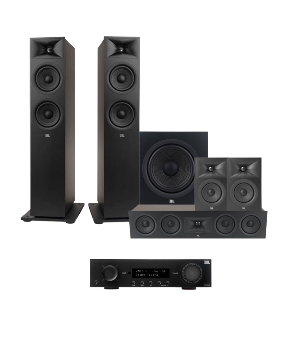 JBL MA510 5.2 8K HDMI 2.1 AV Receiver + JBL Stage 280F 5.1 Speaker Package with 12” Subwoofer