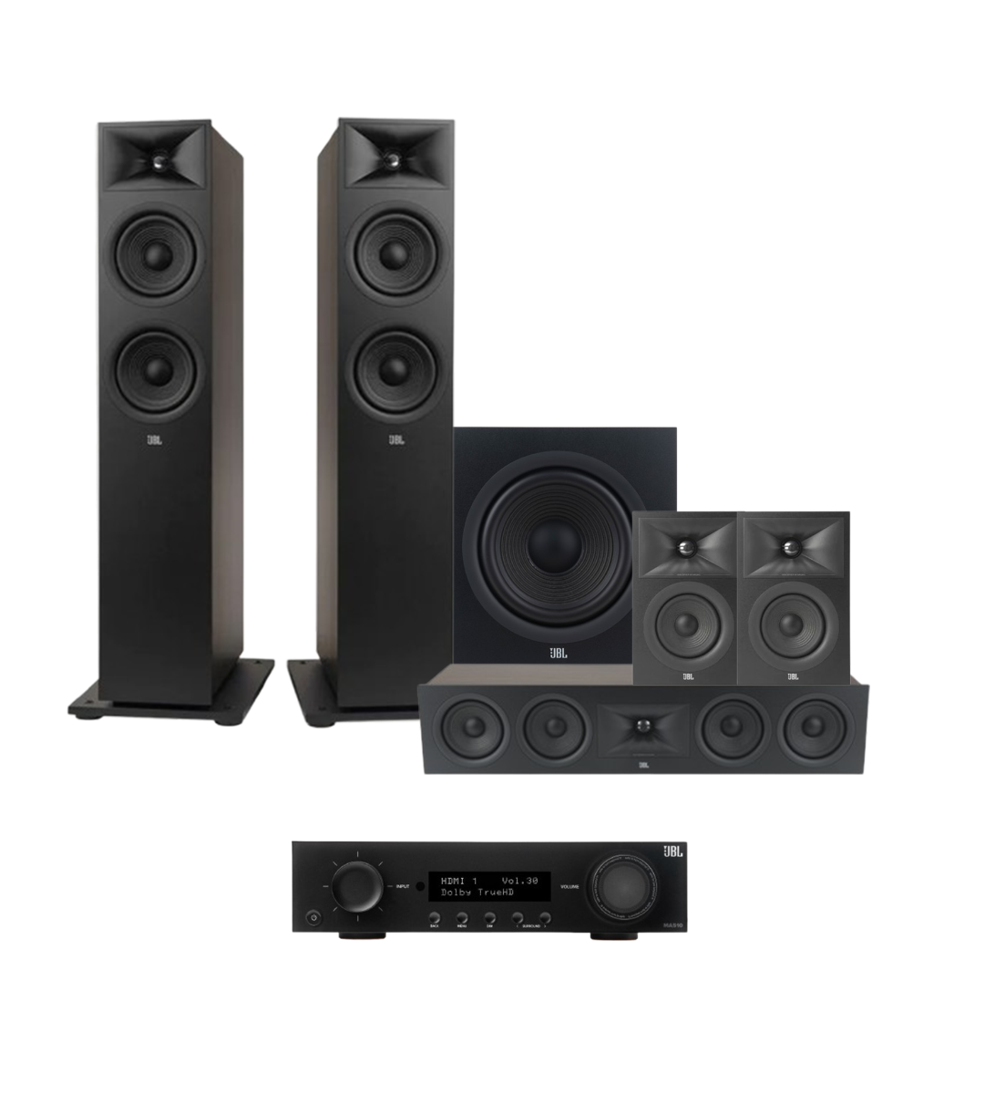 JBL MA510 5.2 8K HDMI 2.1 AV Receiver + JBL Stage 280F 5.1 Speaker Package with 12” Subwoofer