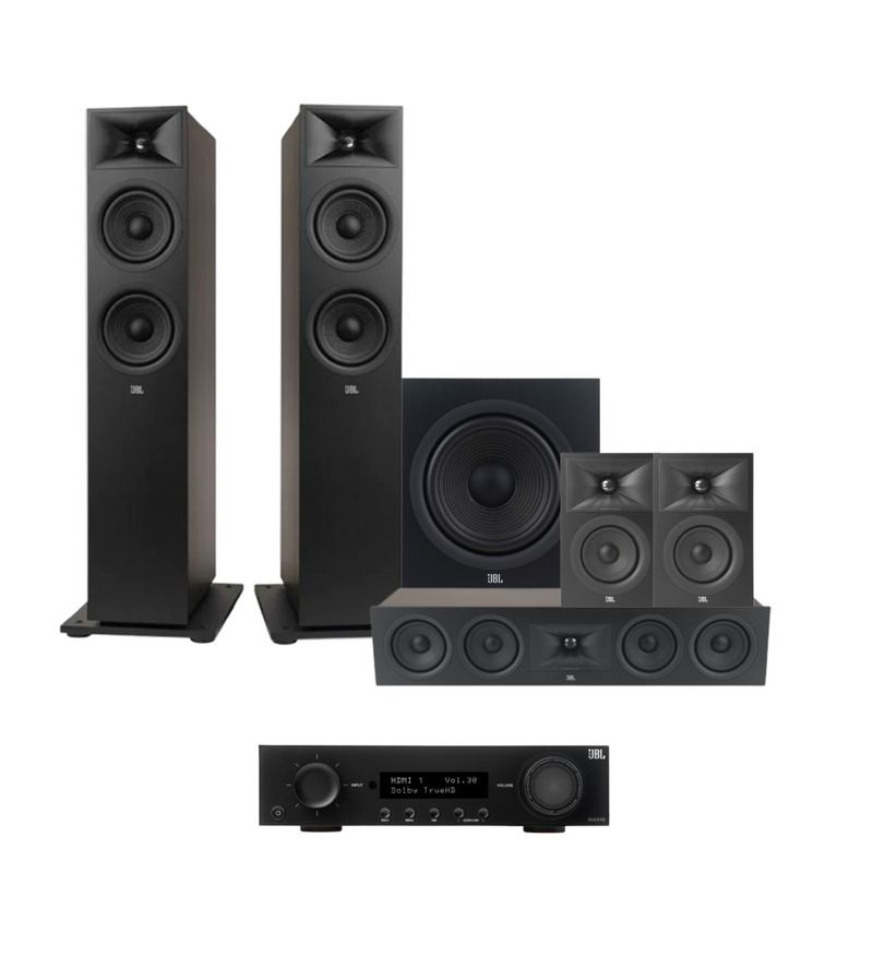 JBL MA510 5.2 8K HDMI 2.1 AV Receiver + JBL Stage 280F 5.1 Speaker Package with 12” Subwoofer