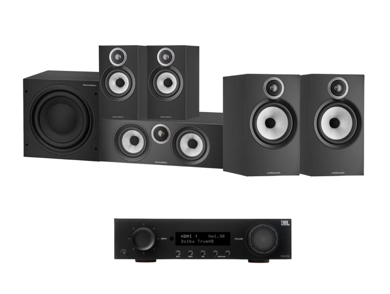 JBL MA310 5.2 4K AV Receiver + Bowers & Wilkins 606 S3 5.1 Cinema Pack with ASW608 8” Subwoofer