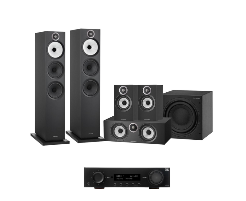JBL MA510 5.2 8K AV Receiver + Bowers & Wilkins 603 S3 5.1 Cinema Pack with ASW610 10” Subwoofer