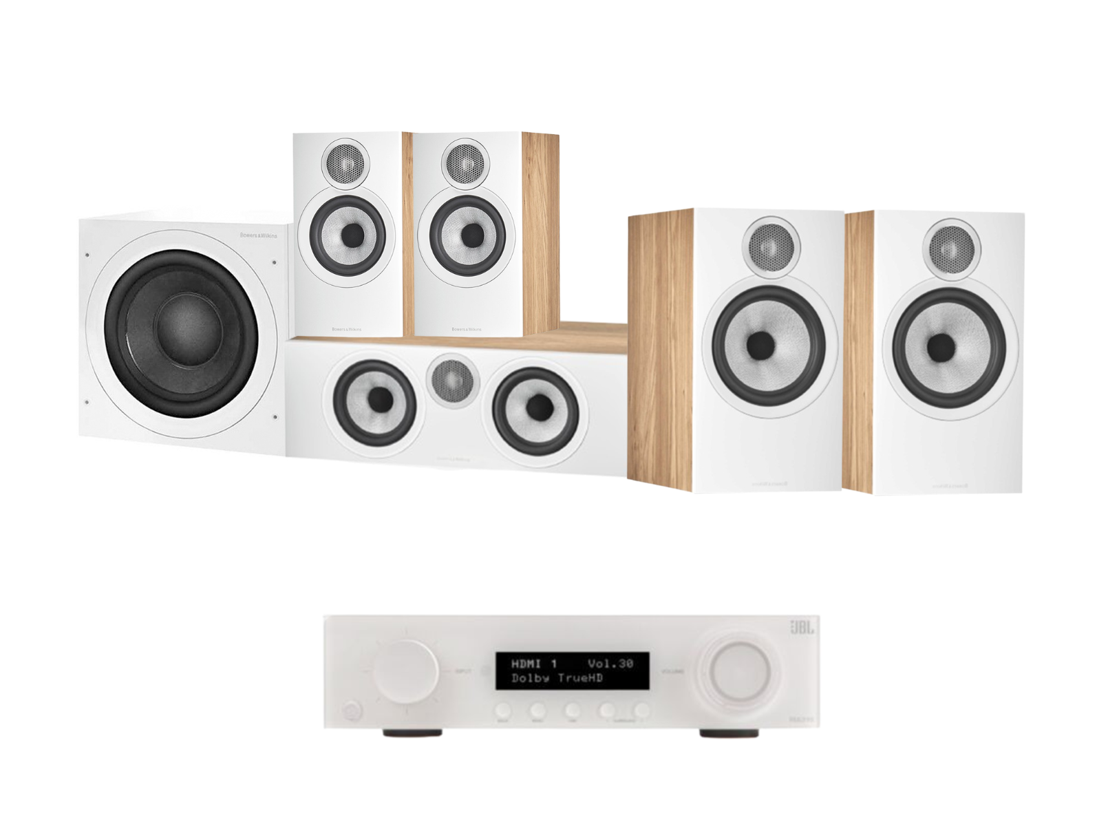 JBL MA510 5.2 8K AV Receiver + Bowers & Wilkins 606 S3 5.1 Cinema Pack with ASW608 8” Subwoofer