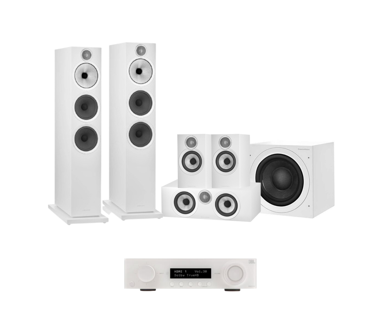 JBL MA510 5.2 8K AV Receiver + Bowers & Wilkins 603 S3 5.1 Cinema Pack with ASW610 10” Subwoofer