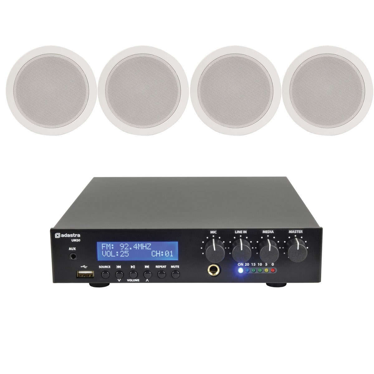 4 x 5" 100V Ceiling Speaker Package + Adastra UM30 BT / USB Media Amplifier + Wiring
