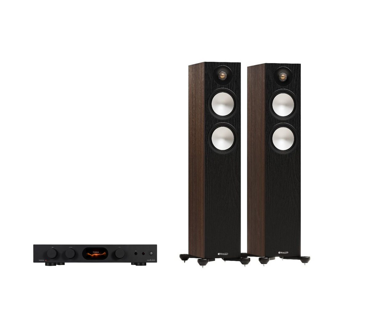 Audiolab 7000A Integrated Amplifier + Monitor Audio Bronze 300 7G Floor Standing Speakers Package and 5 metres Classic 79 Strand