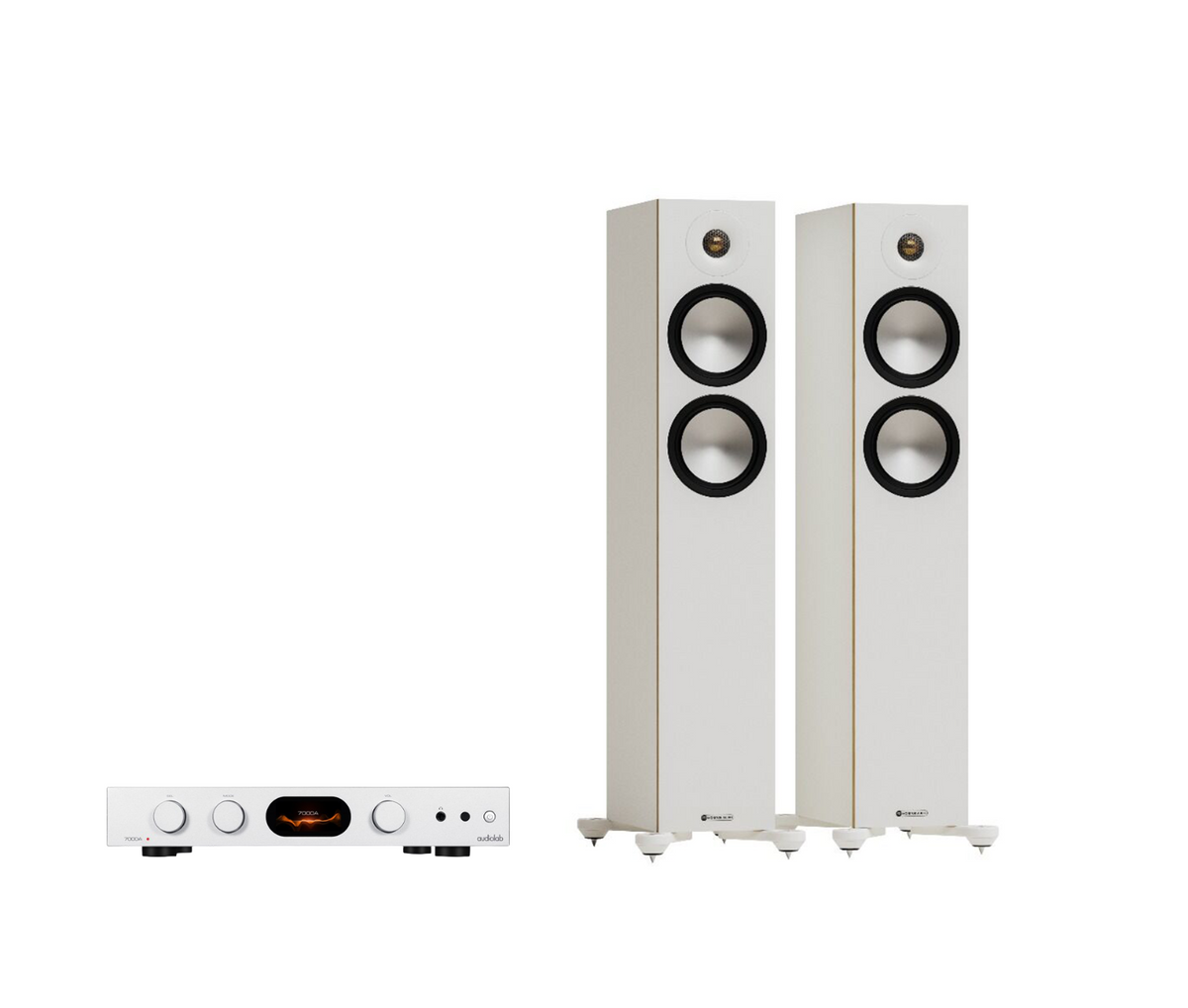 Audiolab 7000A Integrated Amplifier + Monitor Audio Bronze 300 7G Floor Standing Speakers Package and 5 metres Classic 79 Strand