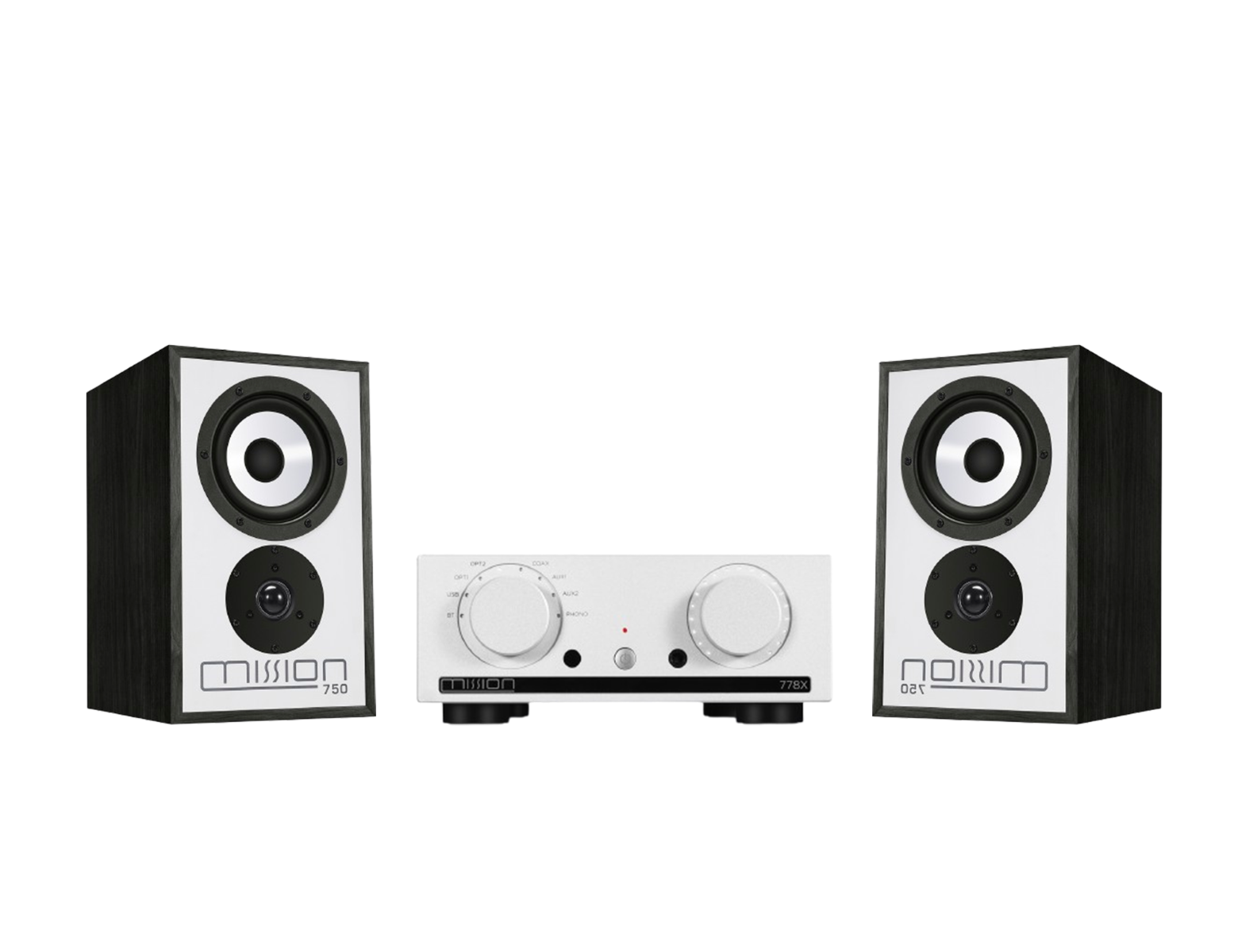 Mission 778X Stereo Amplifier – Silver & Mission 750 Bookshelf Speakers – Black