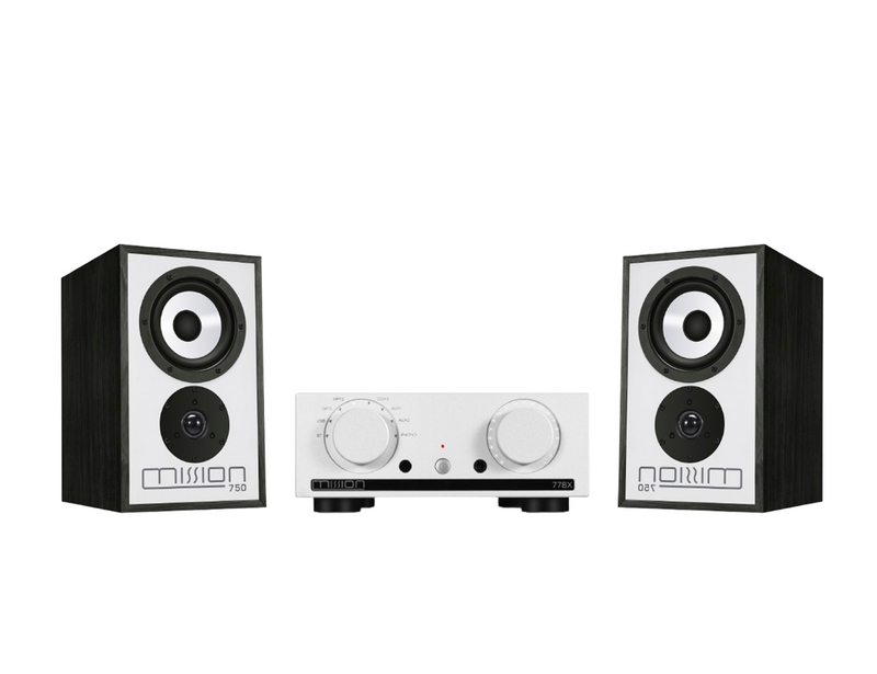 Mission 778X Stereo Amplifier – Silver & Mission 750 Bookshelf Speakers – Black