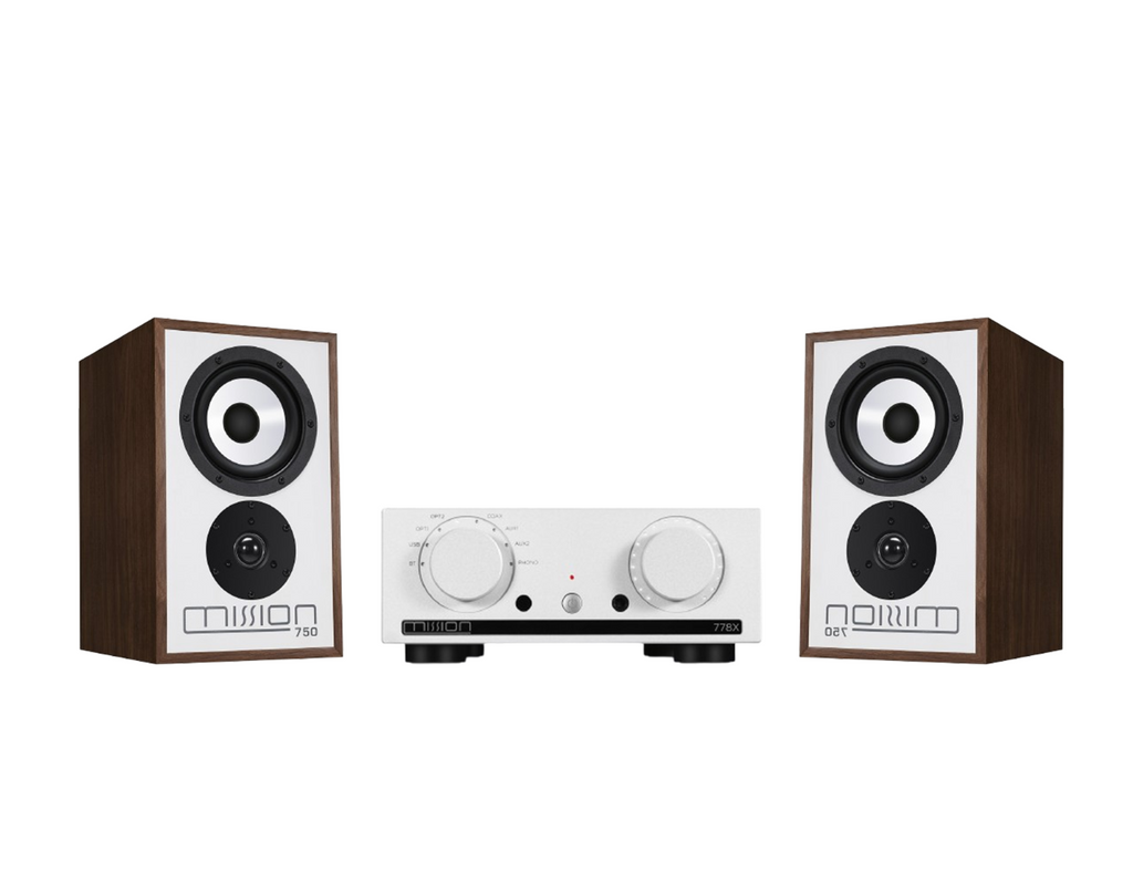 Mission 778X Stereo Amplifier – Silver & Mission 750 Bookshelf Speakers – Walnut