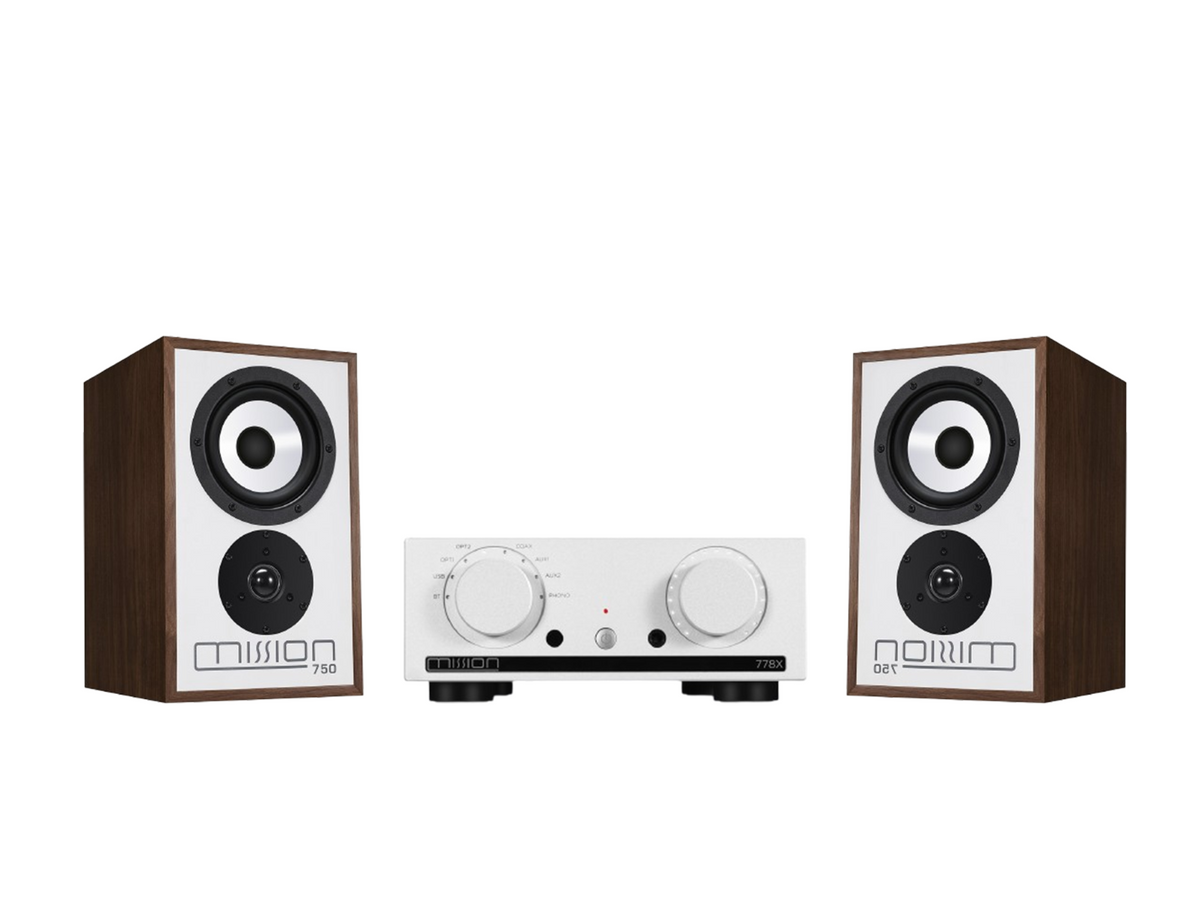 Mission 778X Stereo Amplifier – Silver & Mission 750 Bookshelf Speakers – Walnut