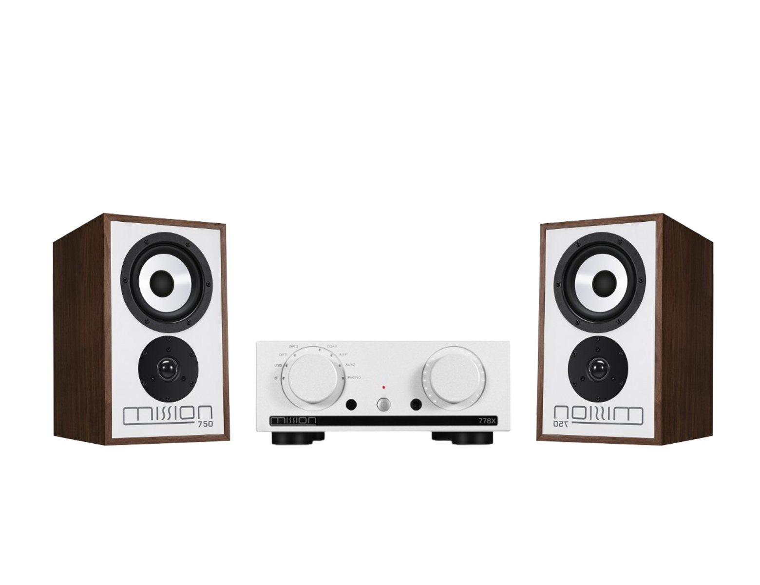Mission 778X Stereo Amplifier – Silver & Mission 750 Bookshelf Speakers – Walnut
