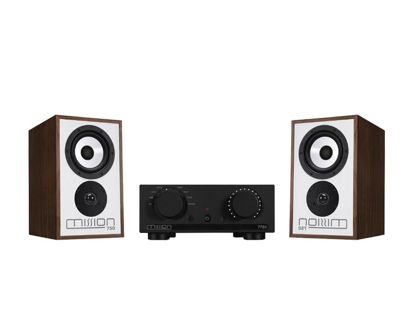 Mission 778X Stereo Amplifier – Black & Mission 750 Bookshelf Speakers – Walnut