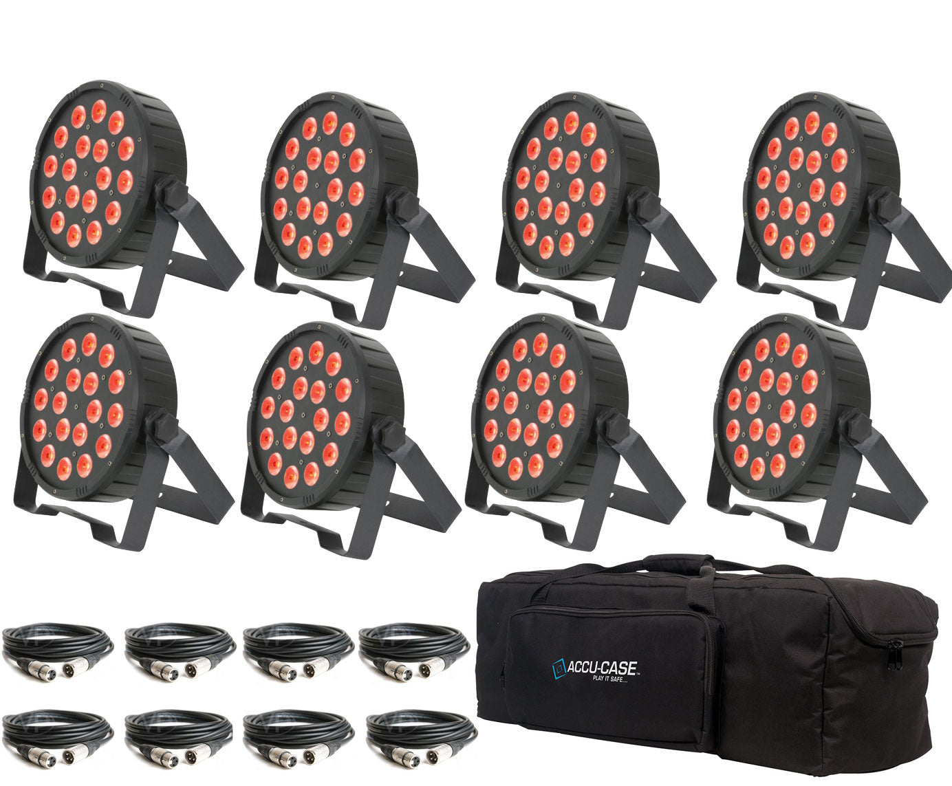 8X QTX PAR100 High Powered 3-in-1 LED  PAR CAN + Carry Bag & Leads Bundle