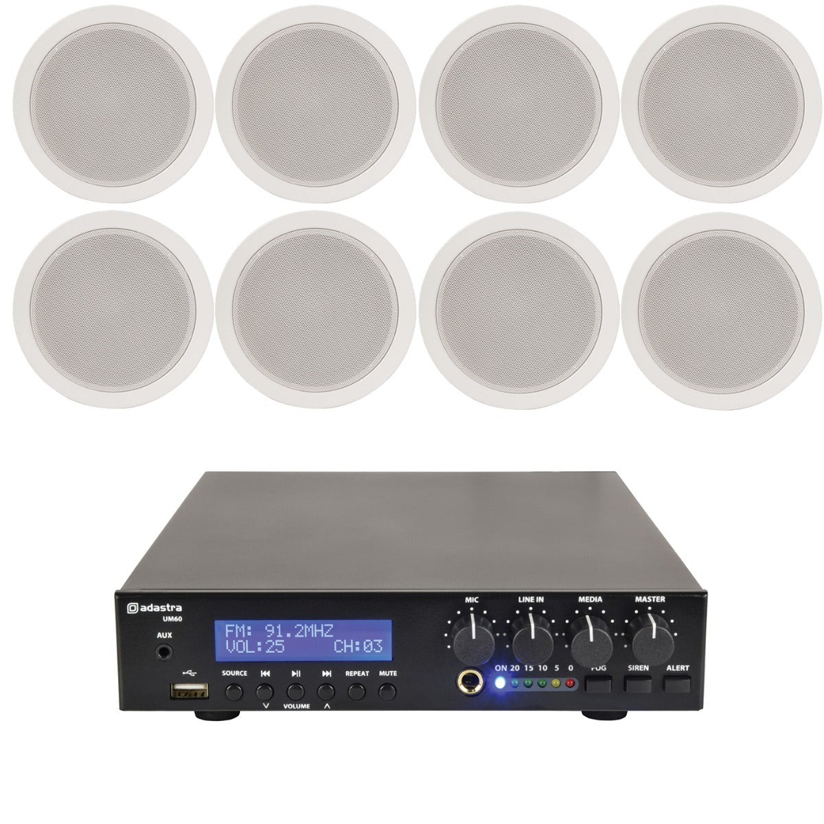 8 x 5" 100V Ceiling Speaker Package + Adastra UM60 BT / USB Media Amplifier + Wiring