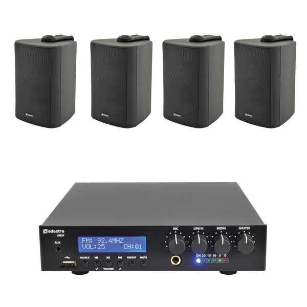 4 x 3" BC3V 100V Wall Speaker Package + Adastra UM30 BT / USB Media Amplifier + Wiring in Black