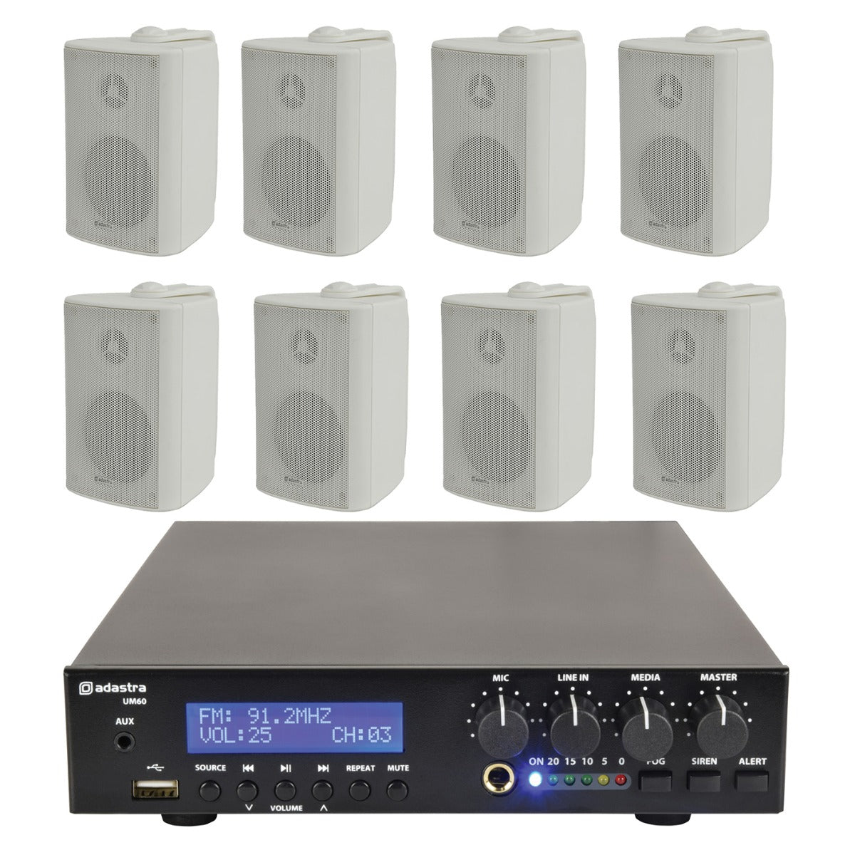 8 x 3" BC3V 100V Wall Speaker Package + Adastra UM60 BT / USB Media Amplifier + Wiring in White