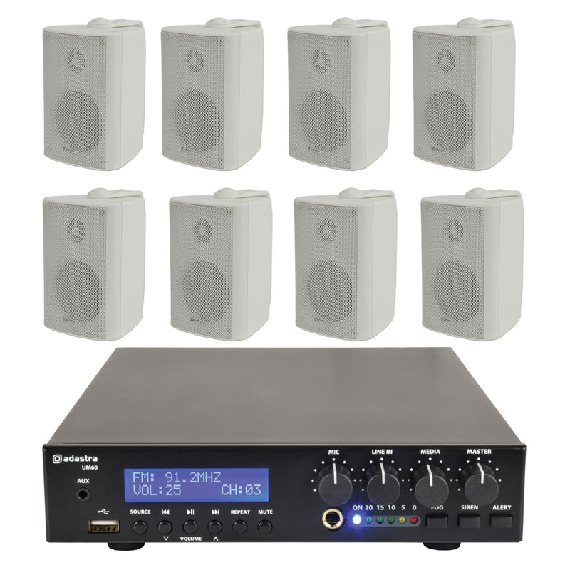 8 x 3" BC3V 100V Wall Speaker Package + Adastra UM60 BT / USB Media Amplifier + Wiring in White