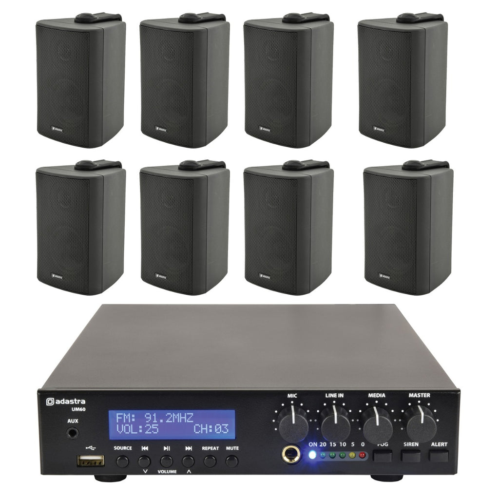 8 x 3" BC3V 100V Wall Speaker Package + Adastra UM60 BT / USB Media Amplifier + Wiring in Black
