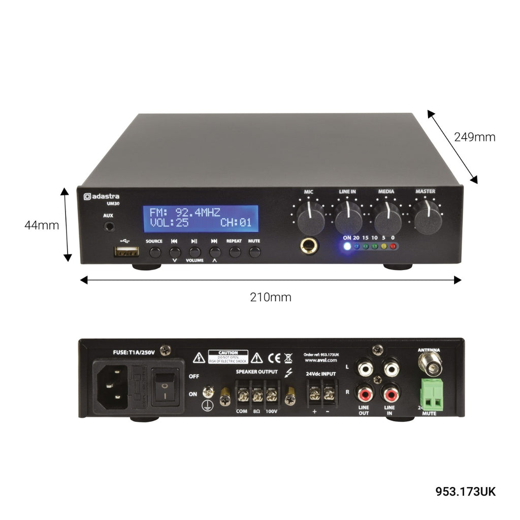 4 x 3" BC3V 100V Wall Speaker Package + Adastra UM30 BT / USB Media Amplifier + Wiring in White