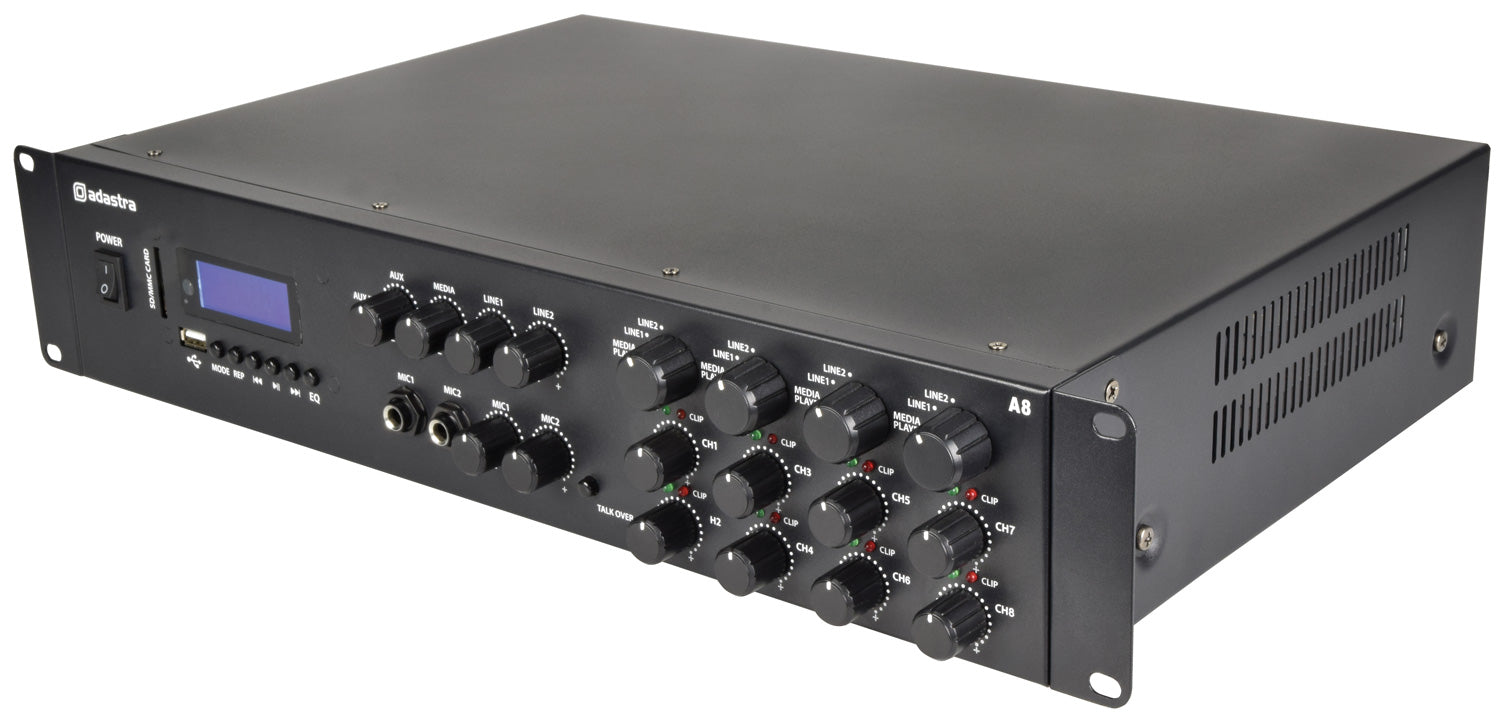 Adastra A8 Powerful Quad Zone Media Stereo Amplifier + 8X 8" Low Profile Ceiling Speaker bundle