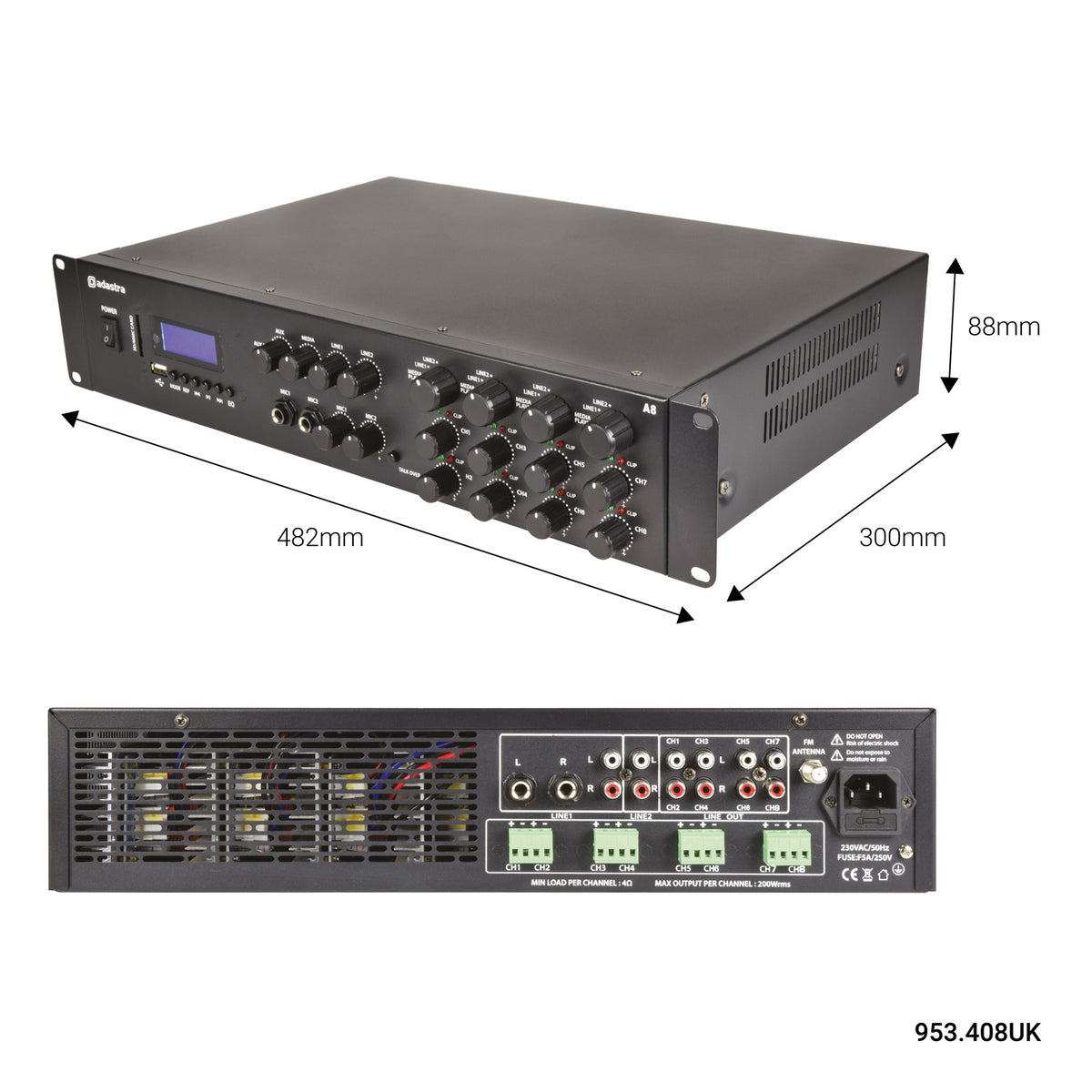 Adastra A8 Powerful Quad Zone Media Stereo Amplifier + 8X 8" Low Profile Ceiling Speaker bundle