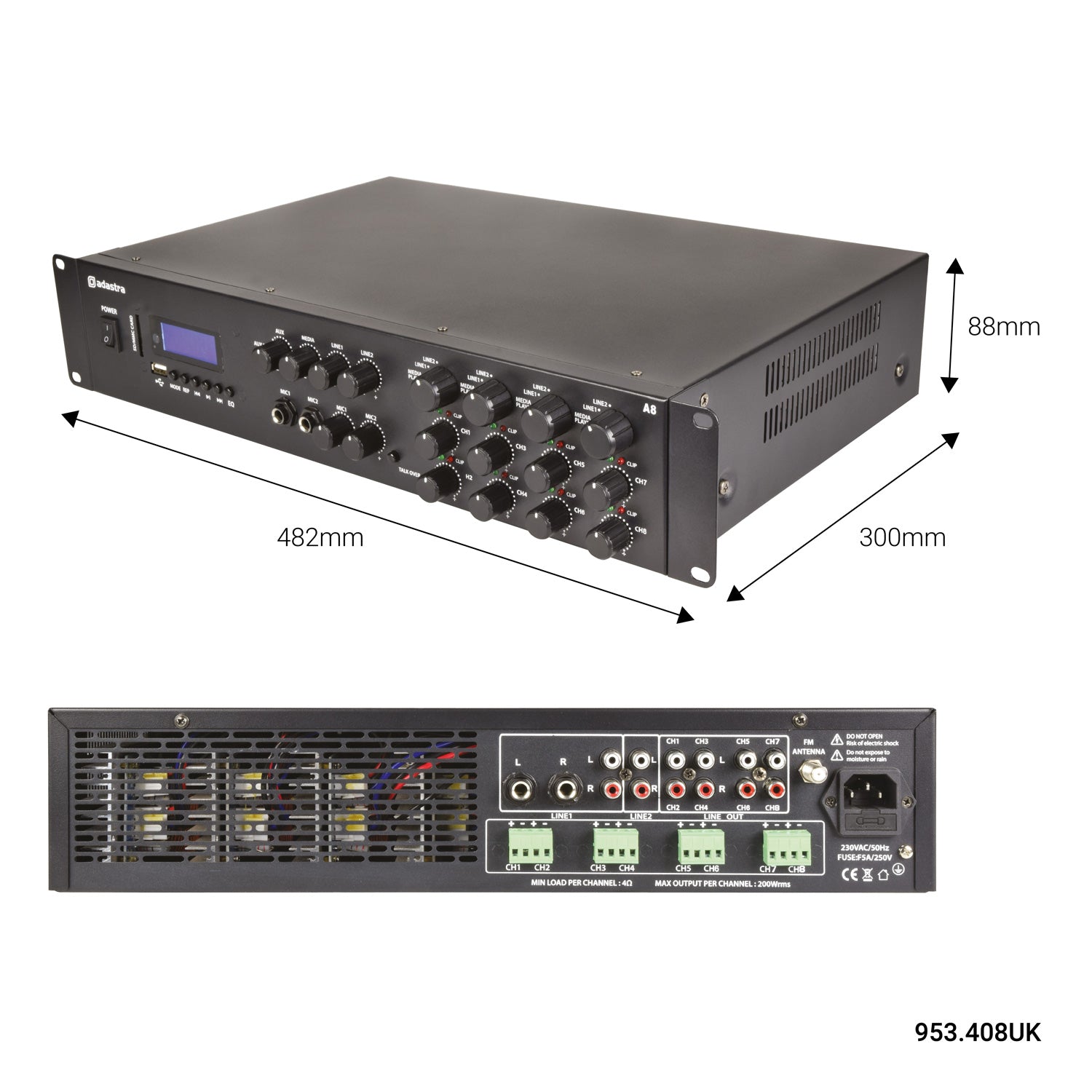 Adastra A8 Powerful Quad Zone Media Stereo Amplifier + 8X 8" Low Profile Ceiling Speaker bundle