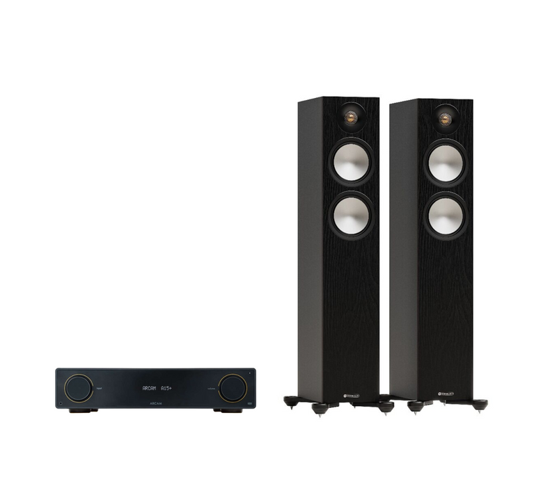 ARCAM A15+ Radia Plus Amplifier + Monitor Audio Bronze 300 7G Floor Standing Speakers Package and 5 metres Classic 79 Strand