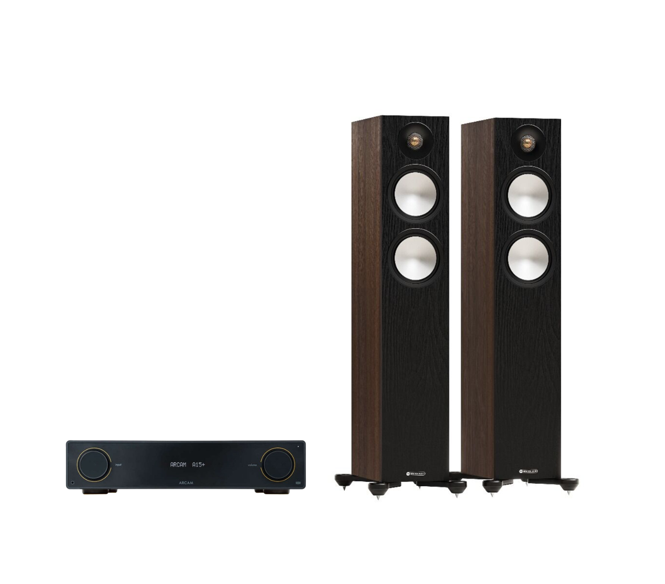 ARCAM A15+ Radia Plus Amplifier + Monitor Audio Bronze 300 7G Floor Standing Speakers Package and 5 metres Classic 79 Strand
