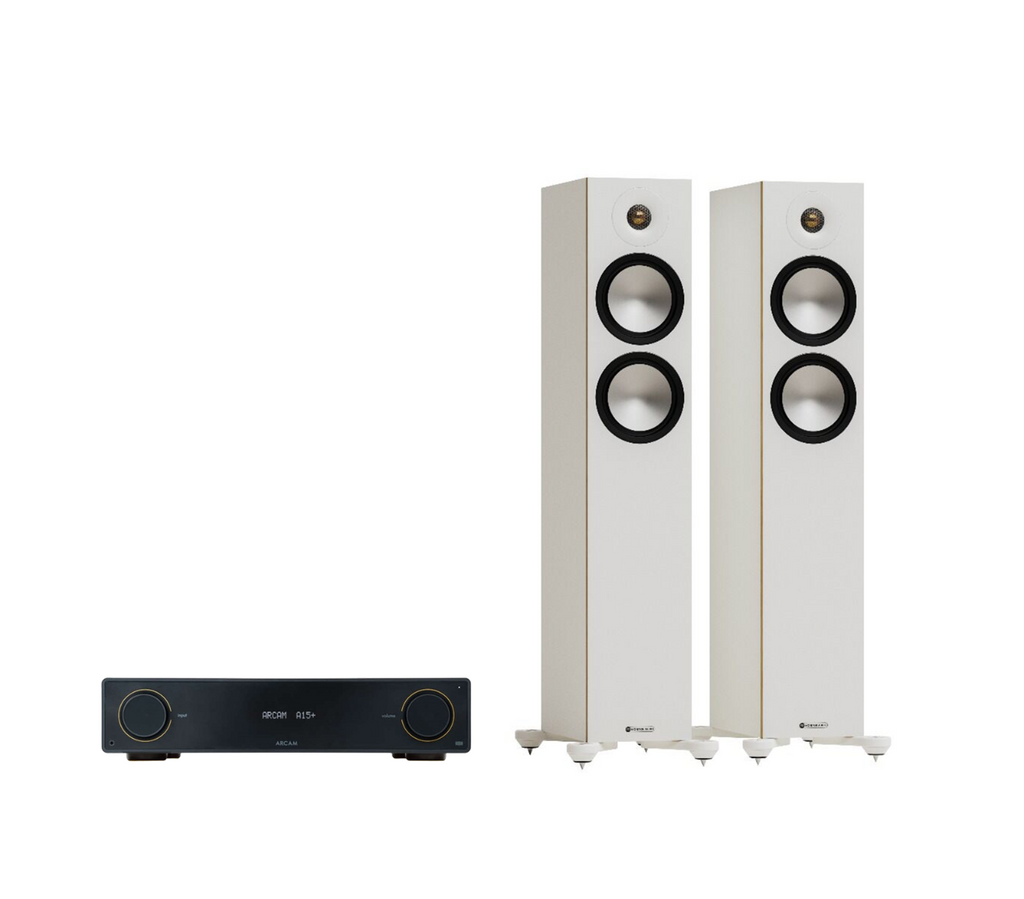 ARCAM A15+ Radia Plus Amplifier + Monitor Audio Bronze 300 7G Floor Standing Speakers Package and 5 metres Classic 79 Strand