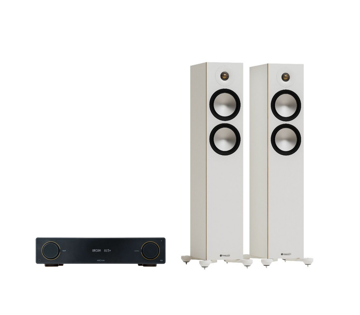 ARCAM A15+ Radia Plus Amplifier + Monitor Audio Bronze 300 7G Floor Standing Speakers Package and 5 metres Classic 79 Strand