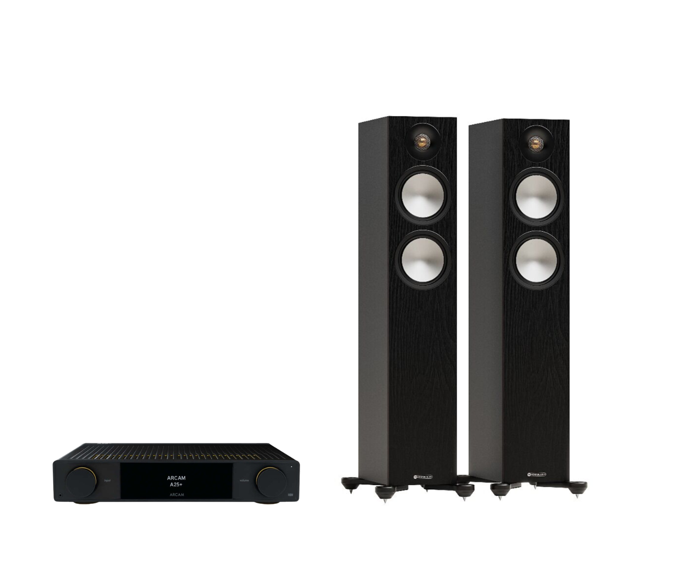ARCAM A25+ Radia Plus Amplifier + Monitor Audio Bronze 300 7G Floor Standing Speakers Package and 5 metres Classic 79 Strand