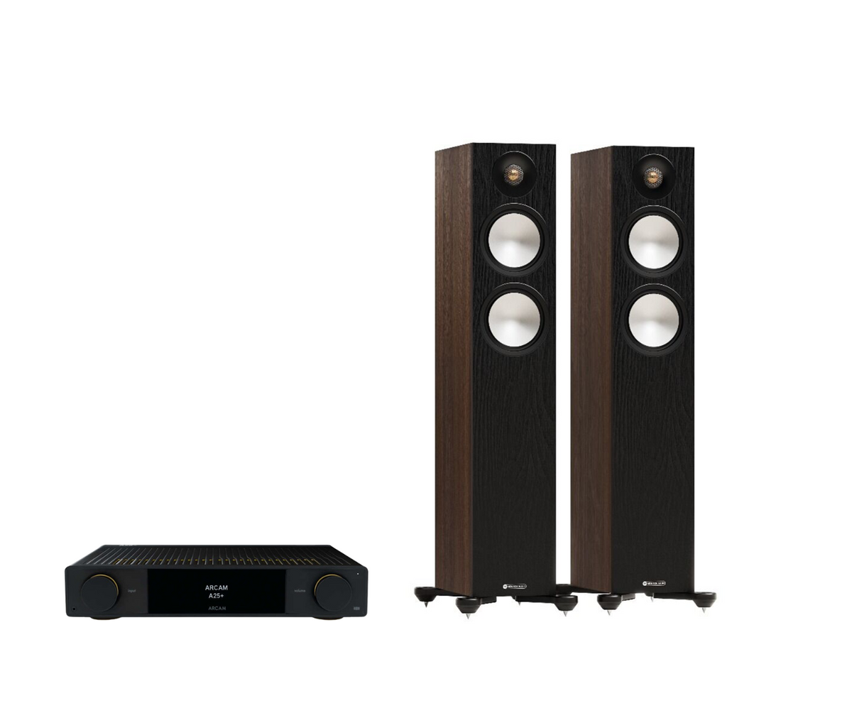 ARCAM A25+ Radia Plus Amplifier + Monitor Audio Bronze 300 7G Floor Standing Speakers Package and 5 metres Classic 79 Strand