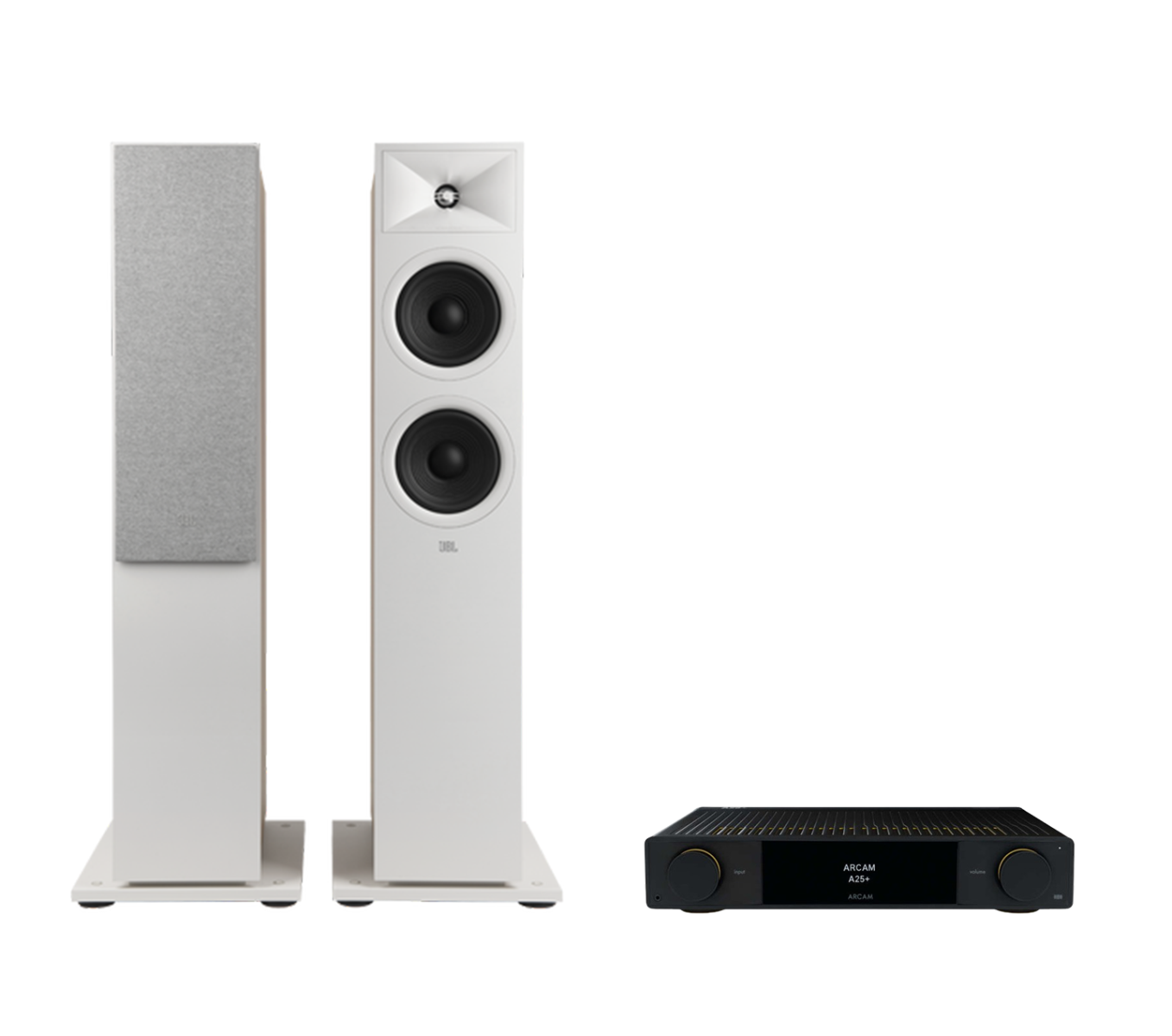 ARCAM A25+ Radia Plus Amplifier + JBL Stage 280F Floor Standing Speakers Package and 5 metres Classic 79 Strand
