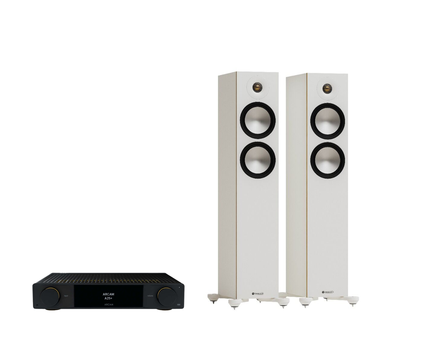 ARCAM A25+ Radia Plus Amplifier + Monitor Audio Bronze 300 7G Floor Standing Speakers Package and 5 metres Classic 79 Strand
