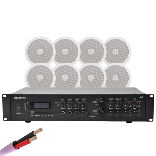 Adastra A4 Amp with 8X 6.5" Ceiling Speakers & Cable Bundle - White