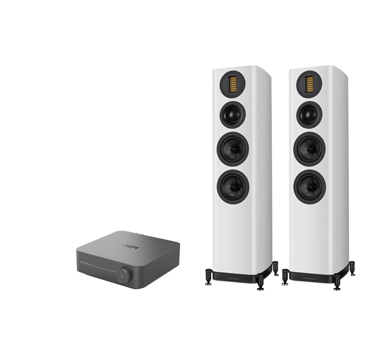 WiiM AMP Pro Music Streaming Amplifier + Wharfedale Evo 5.3 Floor Standing Speakers Package and 5 metres Classic 79 Strand