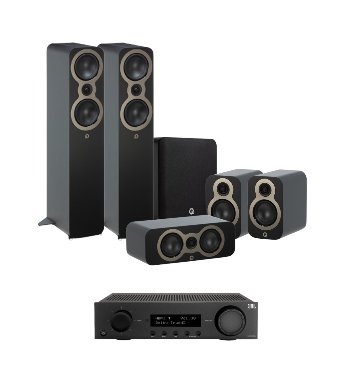 JBL MA510 5.2 8K AV Receiver + Q Acoustics 3050C 5.1 Cinema Pack with Q SUB100 10" Subwoofer Bundle