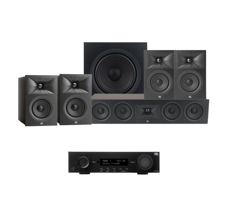 JBL MA510 5.2 8K HDMI 2.1 AV Receiver + JBL Stage 240B 5.1 Speaker Package with 200P 10” Subwoofer