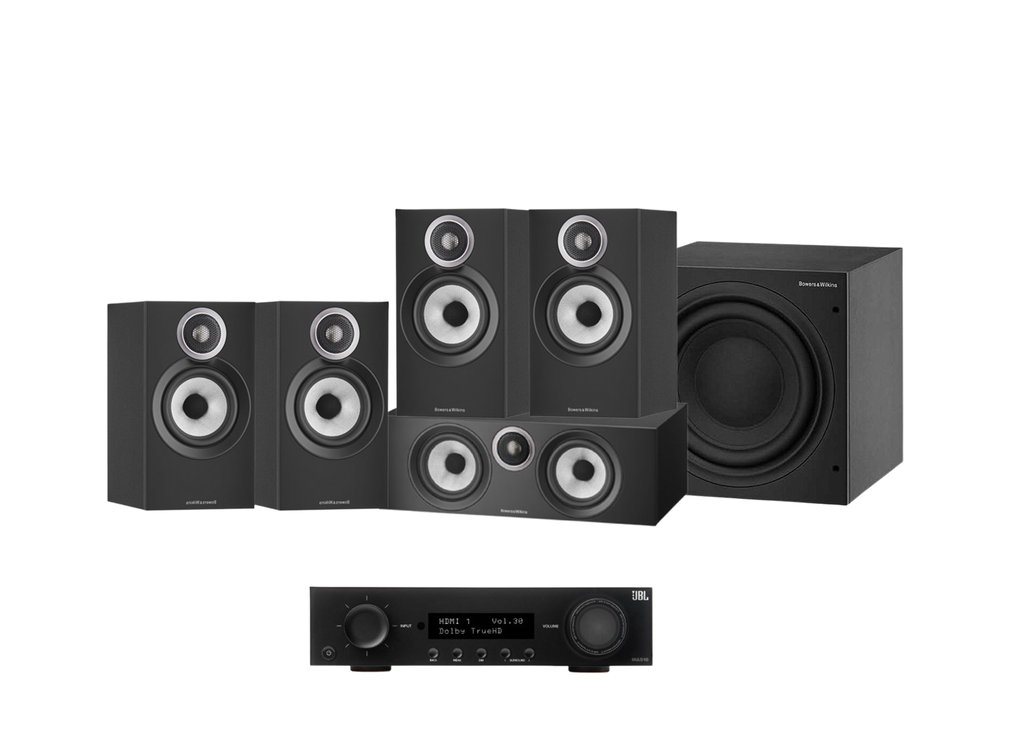 JBL MA510 5.2 8K AV Receiver + Bowers & Wilkins 607 S3 5.1 Cinema Pack with ASW608 8” Subwoofer