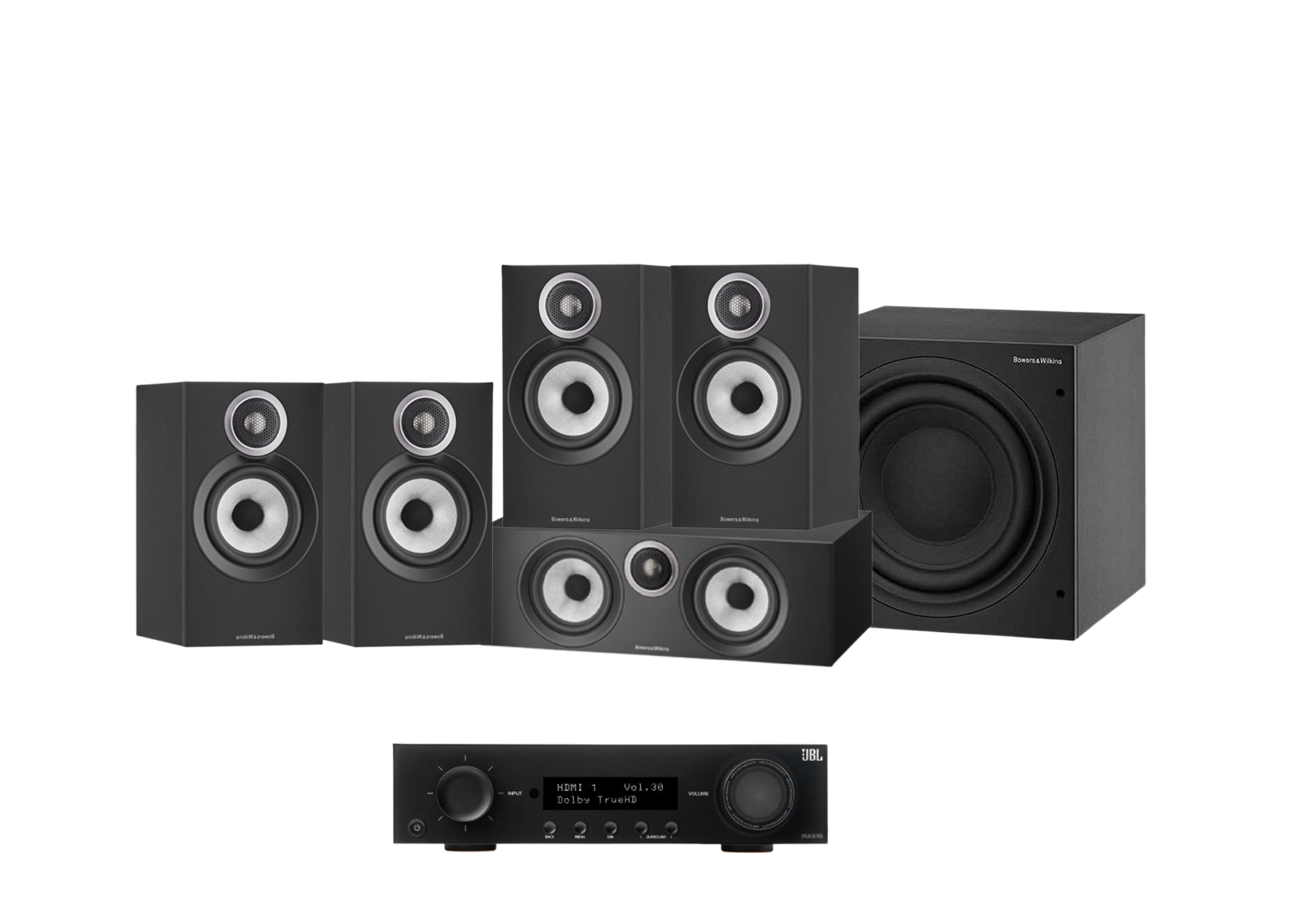 JBL MA510 5.2 8K AV Receiver + Bowers & Wilkins 607 S3 5.1 Cinema Pack with ASW608 8” Subwoofer