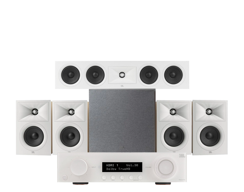 JBL MA310 5.2 4K AV Receiver + JBL Stage 240B 5.1 Speaker Package with 10” Subwoofer - White