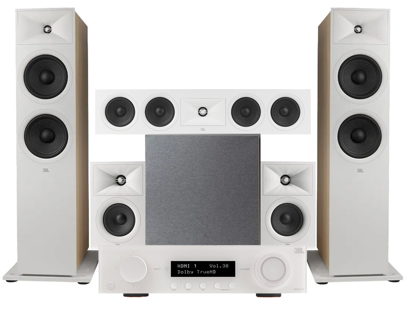 JBL MA310 5.2 4K AV Receiver + JBL Stage 280F 5.1 Speaker Package with 12” Subwoofer - White
