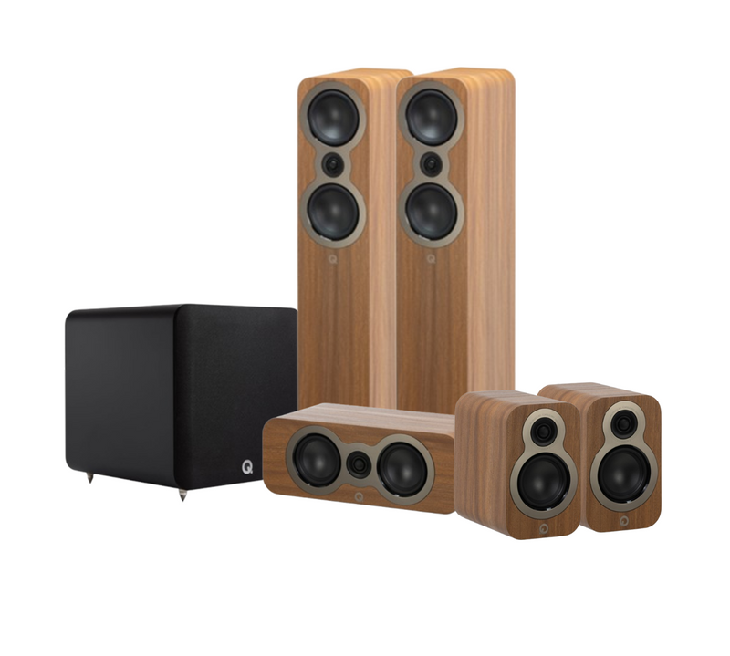 Q Acoustics 3050C 5.1 Cinema Pack – Pine Oak with Q SUB100 10" Subwoofer – Satin Black