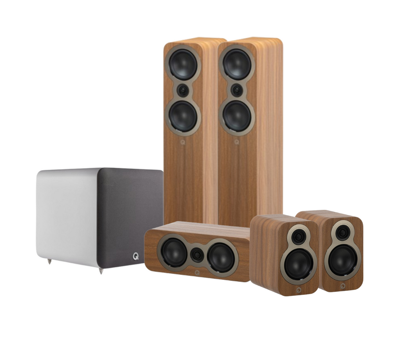 Q Acoustics 3050C 5.1 Cinema Pack – Pine Oak with Q SUB100 10" Subwoofer – Satin White