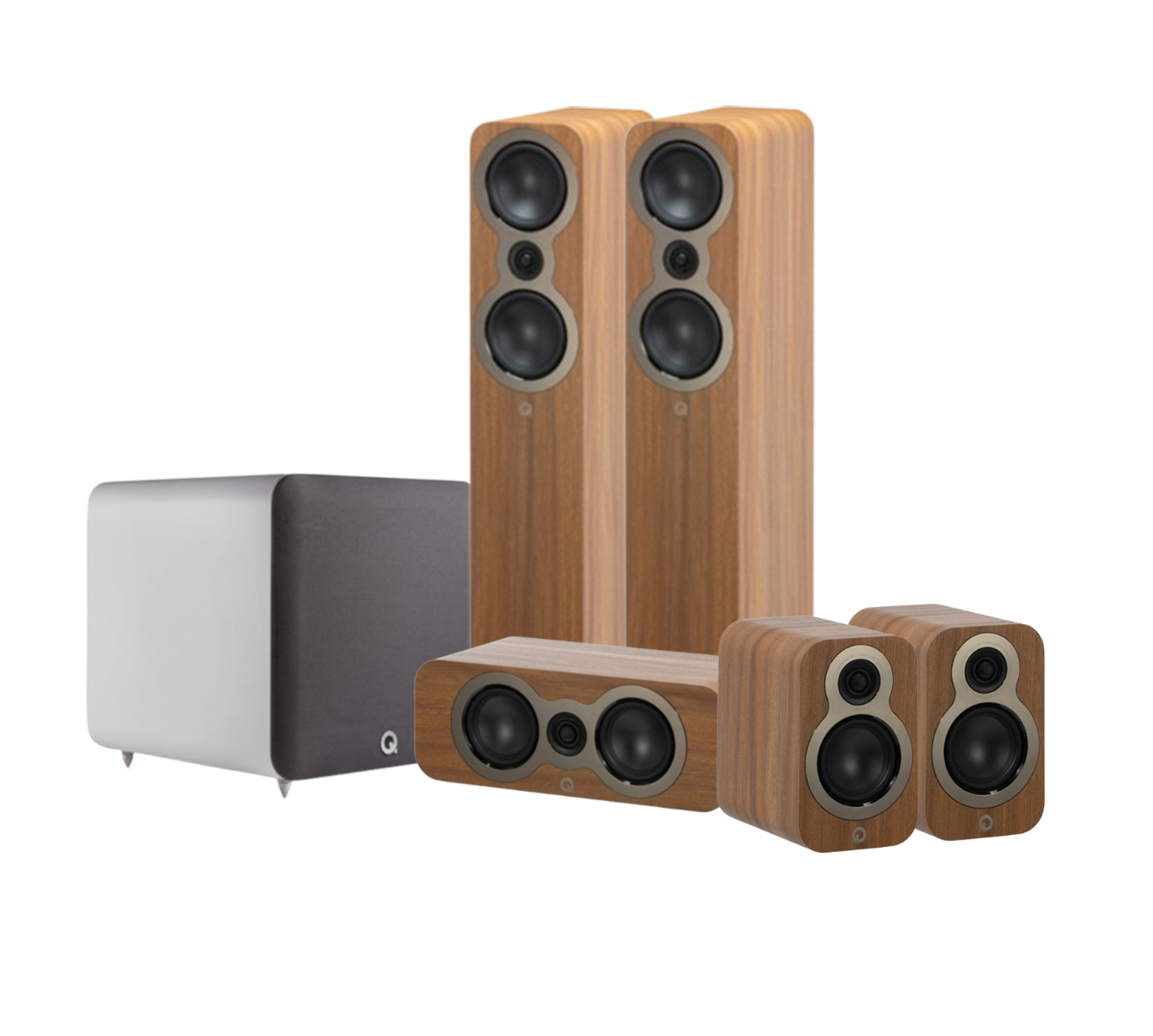 Q Acoustics 3050C 5.1 Cinema Pack – Pine Oak with Q SUB120 12" Subwoofer – Satin White